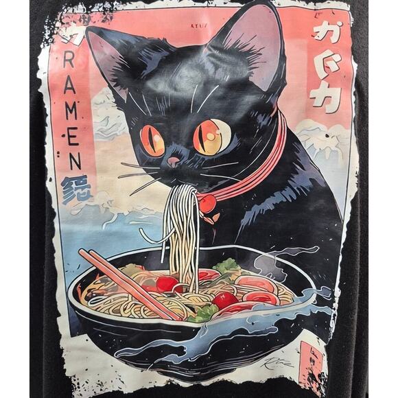 Unisex Black Novelty T-shirt Ramen Noodle Eating Kitty Cat Cinched Sleeve Sz L - Picture 4 of 6
